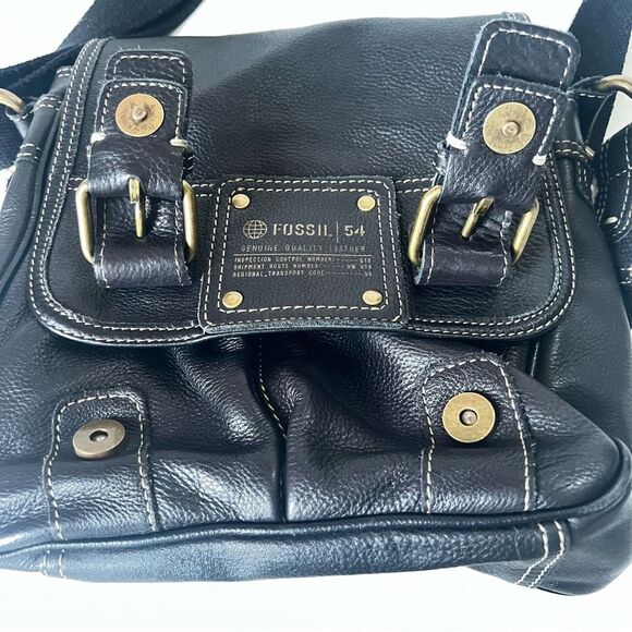 VTG Fossil Pebble Leather Black Messenger Crossbody Shoulder Purse Bag - Picture 6 of 16